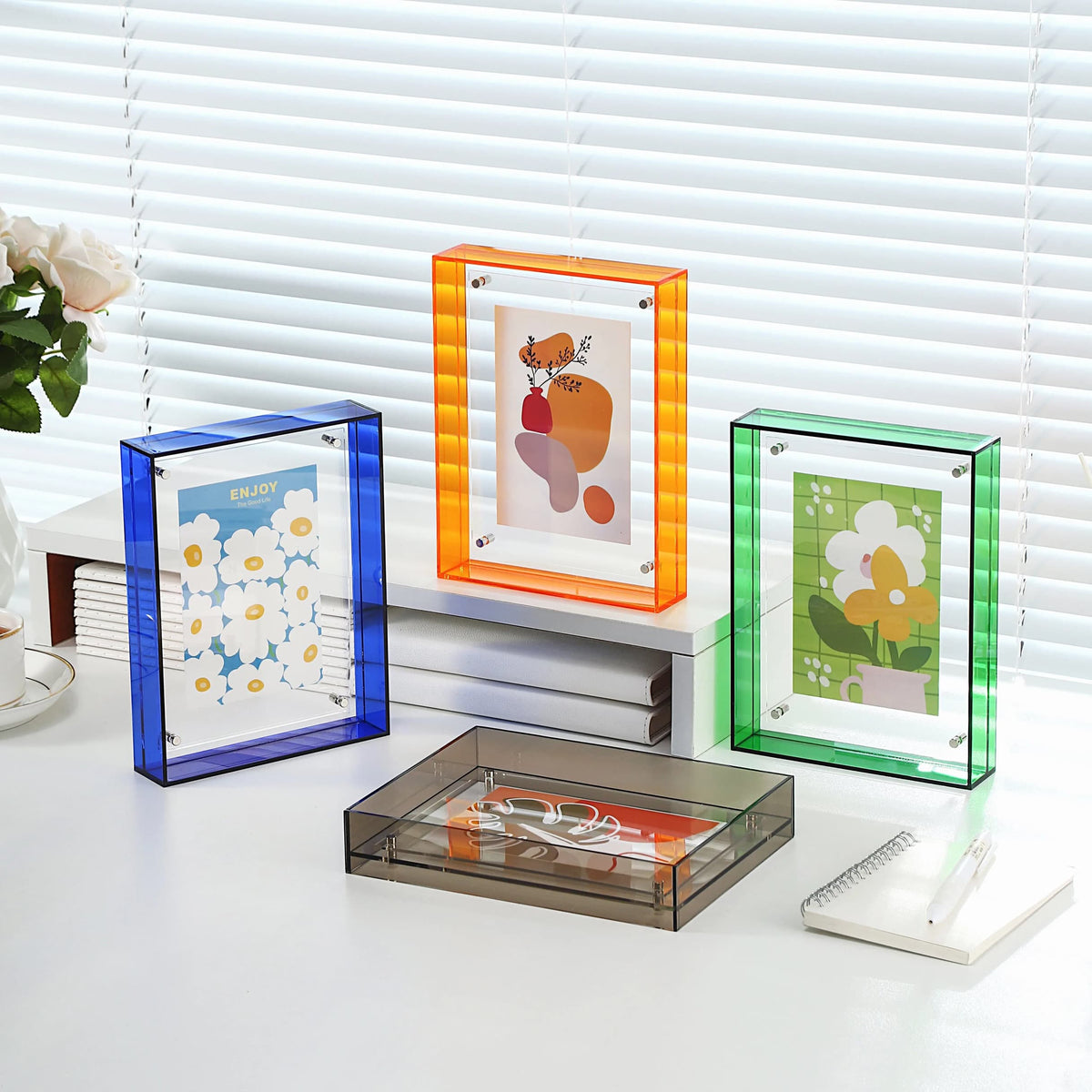 Colorful Acrylic Floating Photo Frames (Blue, Orange, Green) - Tabletop Display for Photos & Artworks