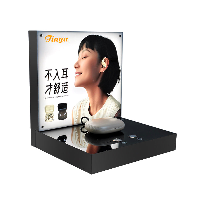 Custom acrylic tabletop display stand for wireless bluetooth earbuds, retail shop demo display