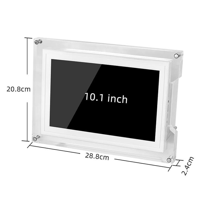 10.1-inch acrylic digital photo frame size specifications: overall size 28.8cm × 20.8cm × 2.4cm, screen size for 10.1-inch display