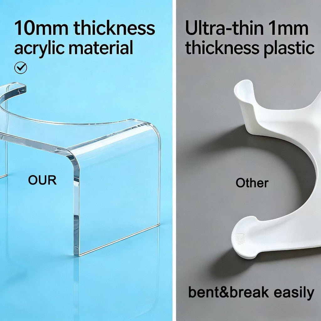 10mm thick clear acrylic toilet stool vs 1mm thin plastic stool: our acrylic stool is durable and won't bend or break easily