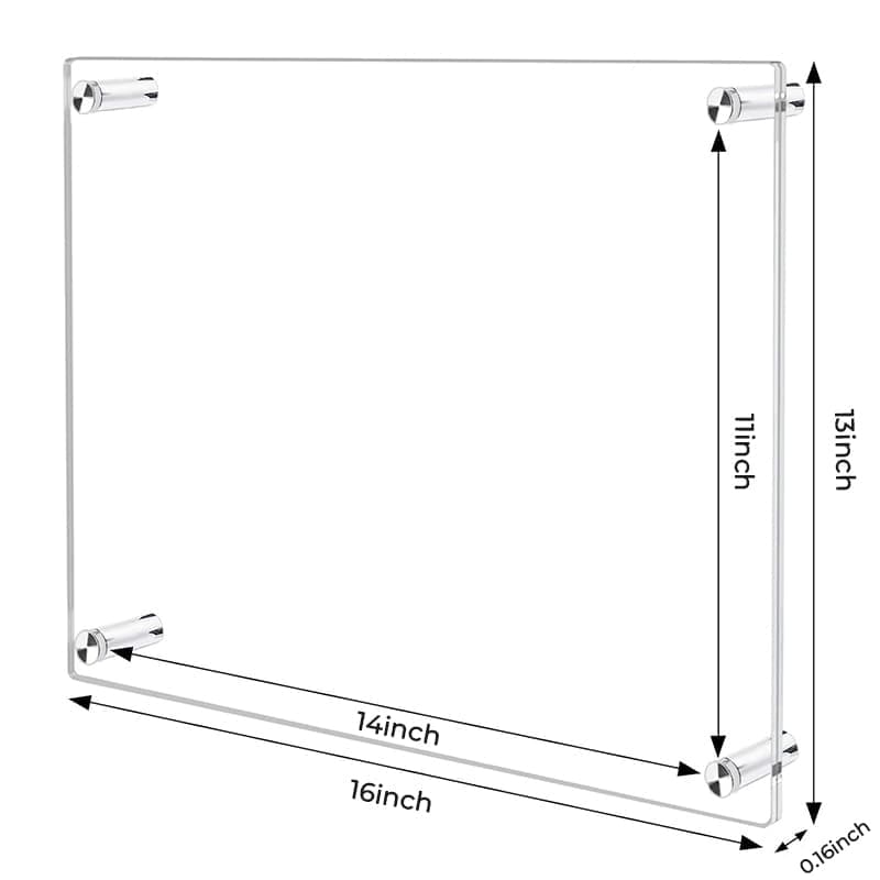 11x17 inch inner size acrylic photo frame - outer dimensions 18.5x13.4 inch, 0.24 inch acrylic material, includes full installation hardware kit