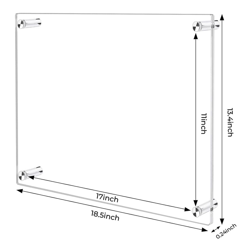 11x17 inch inner size acrylic photo frame - outer dimensions 18.5x13.4 inch, 0.24 inch acrylic material, includes full installation hardware kit