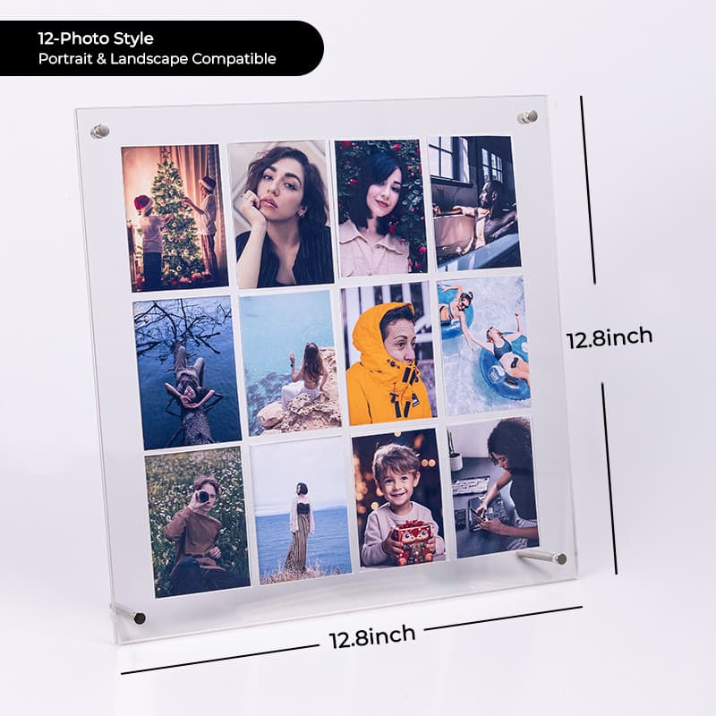 Square clear acrylic 12-photo collage frame in landscape orientation, featuring a 3×4 grid of portrait, nature, and lifestyle photos. Dimensions: 12.8×12.8in, supports both portrait and landscape display.