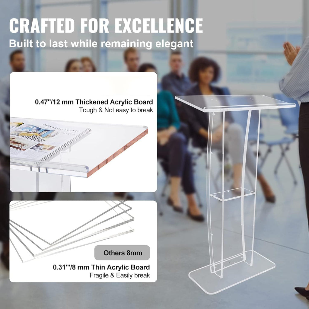 12mm thickened acrylic podium (VEVOR) compared to 8mm fragile alternatives, highlighting durability and elegant design for long-term use
