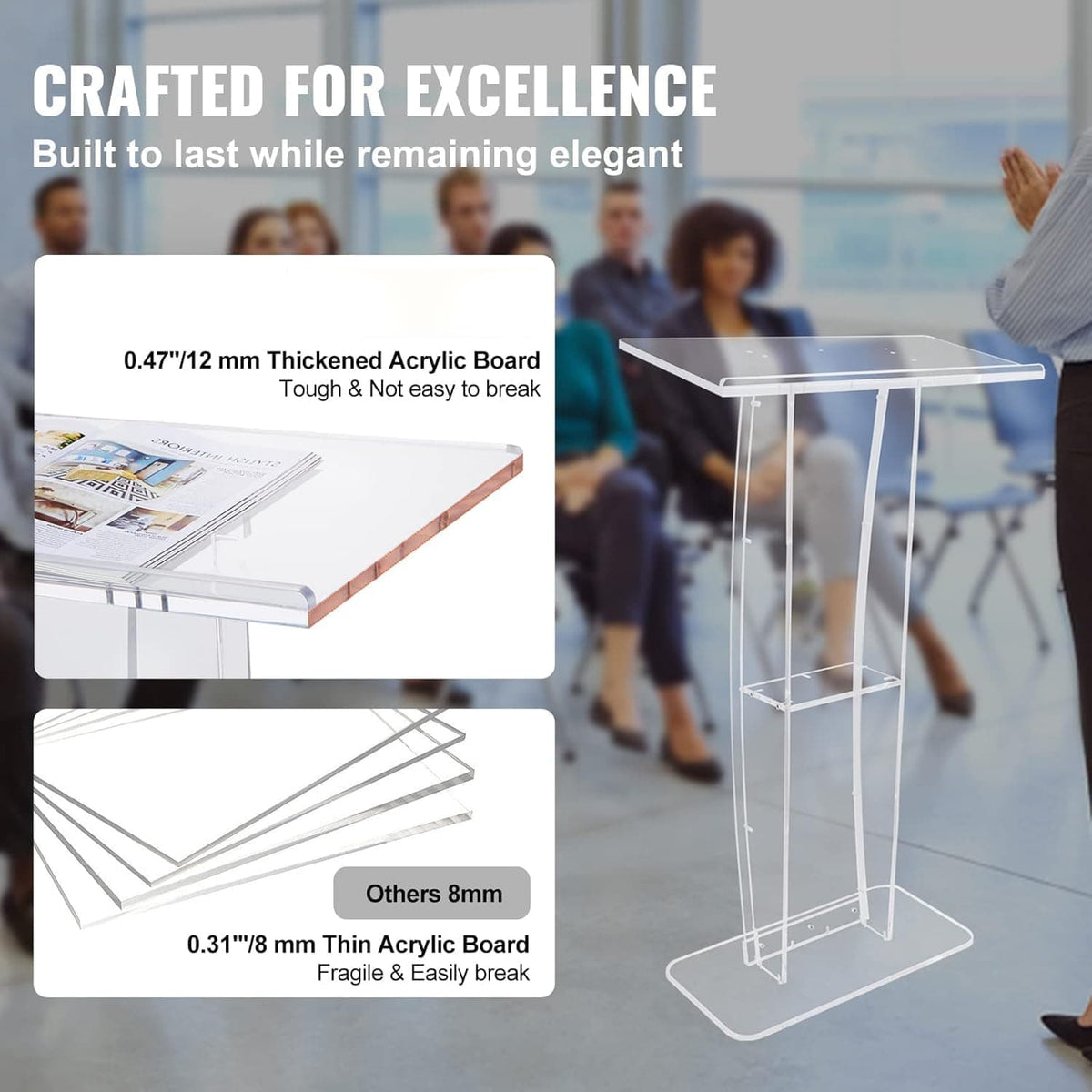 12mm thickened acrylic podium (VEVOR) compared to 8mm fragile alternatives, highlighting durability and elegant design for long-term use