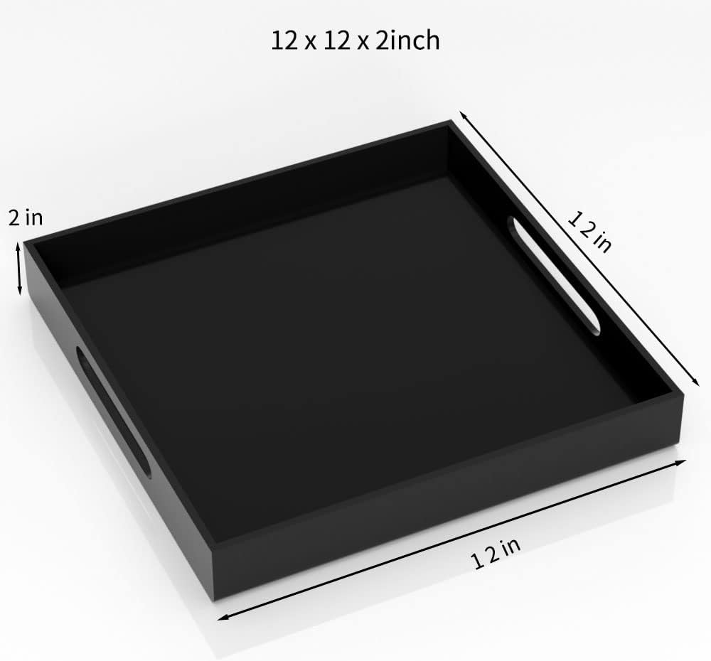 12" x 12" x 2" black acrylic square tray with cutout handles, sleek modern organizer