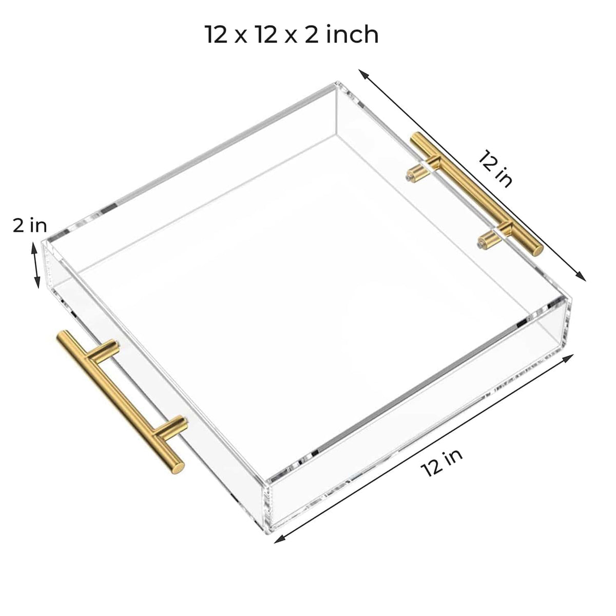 12" x 12" x 2" clear acrylic rectangular tray with gold metal handles, elegant serving tray