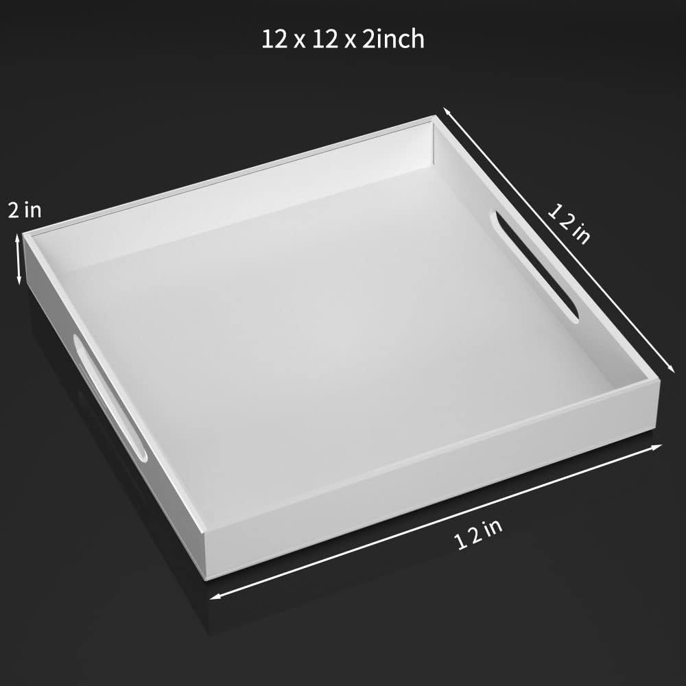 12" x 12" x 2" white acrylic square tray with cutout handles, minimalist serving tray