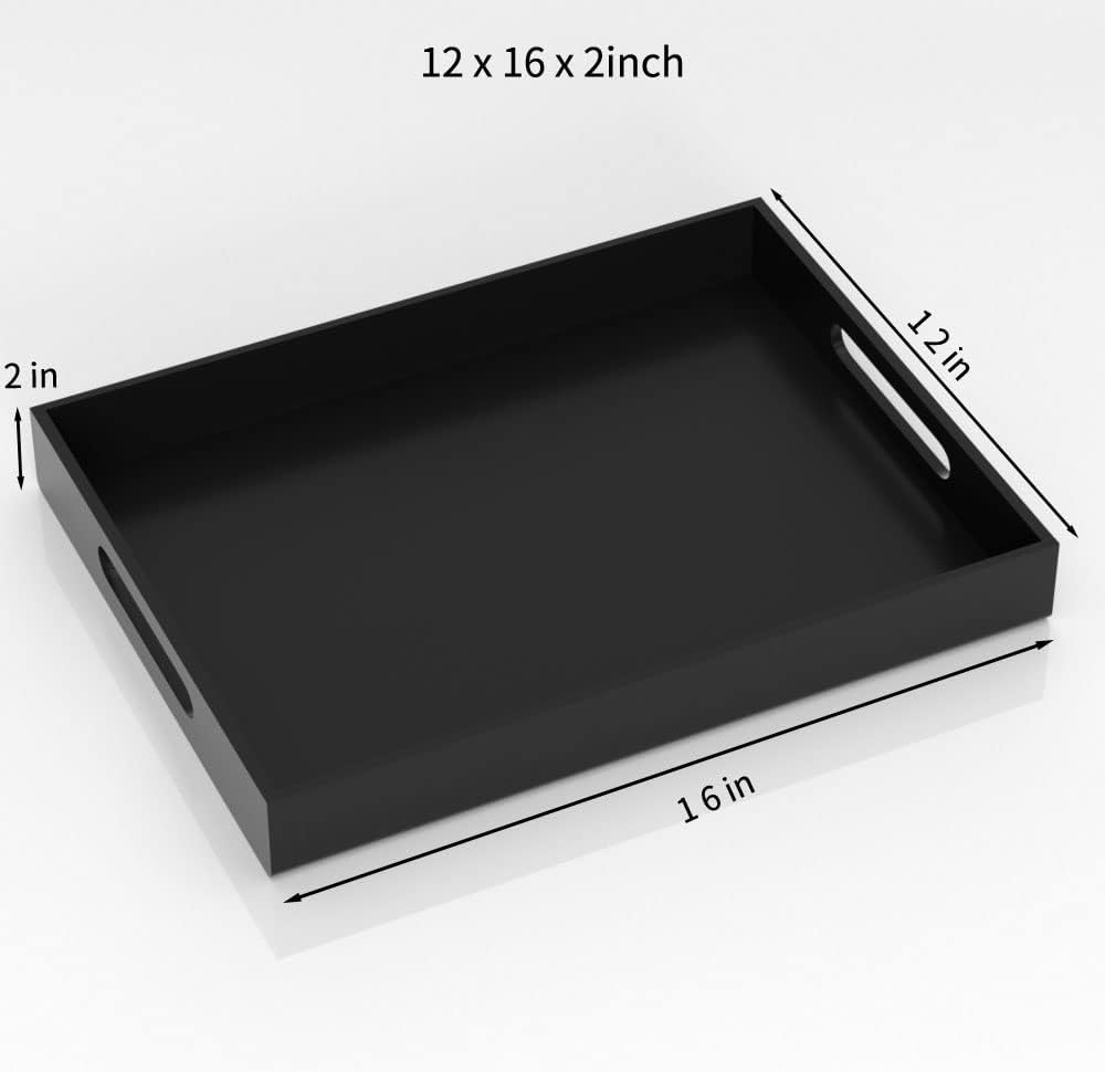 12" x 16" x 2" black acrylic rectangular tray with cutout handles, stylish serving tray