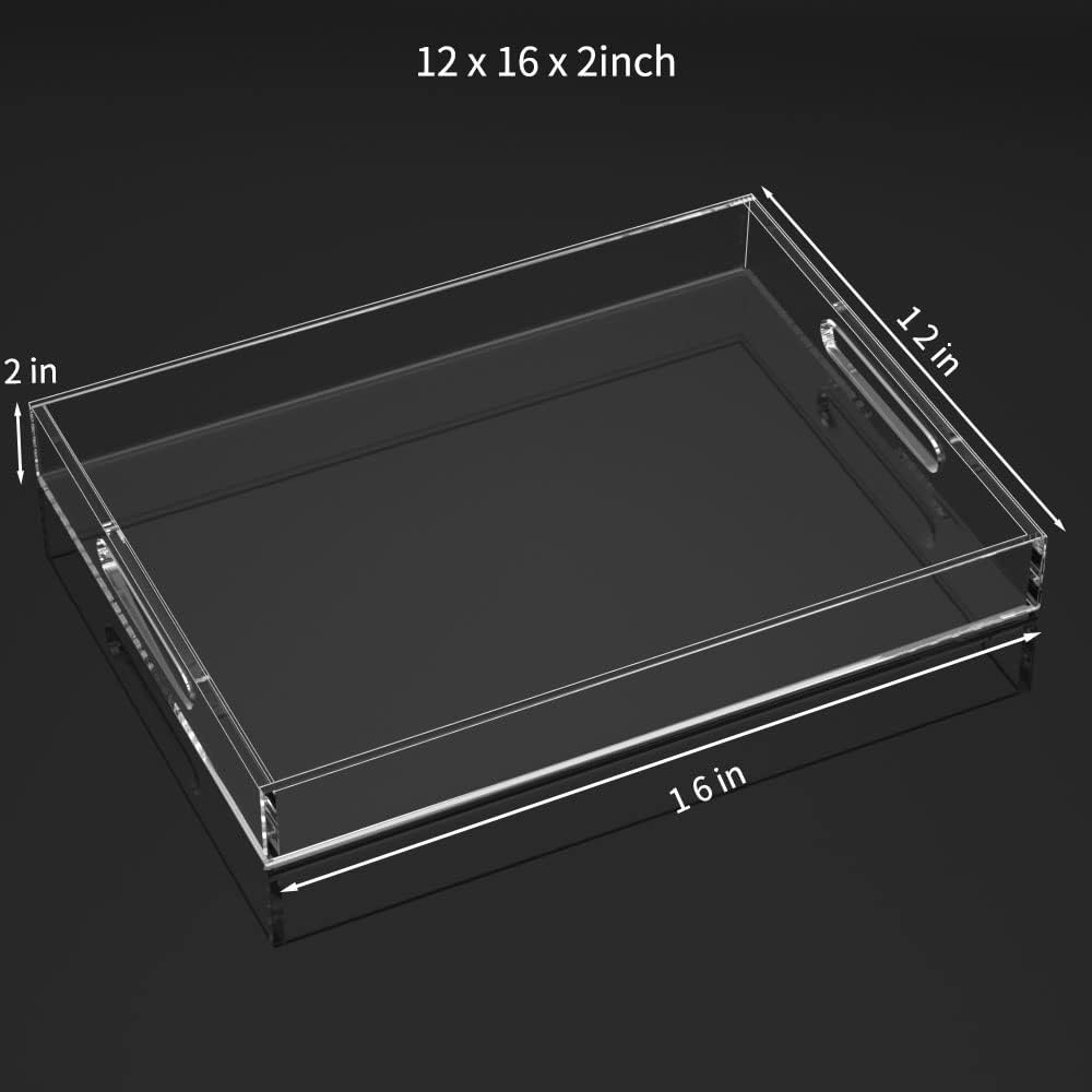 12" x 16" x 2" clear acrylic rectangular tray with cutout handles, multi-functional organizer