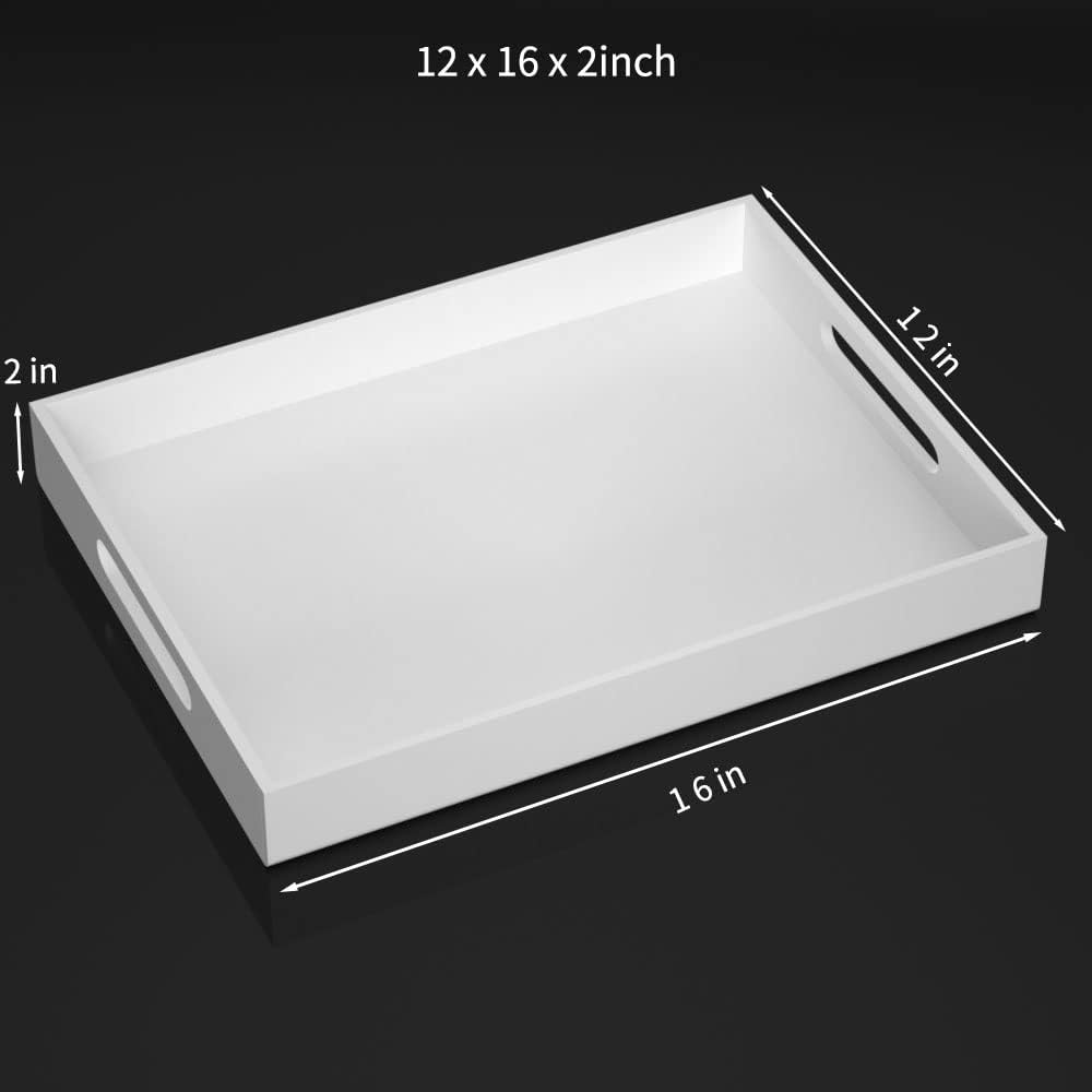 12" x 16" x 2" white acrylic rectangular tray with cutout handles, multi-functional organizer