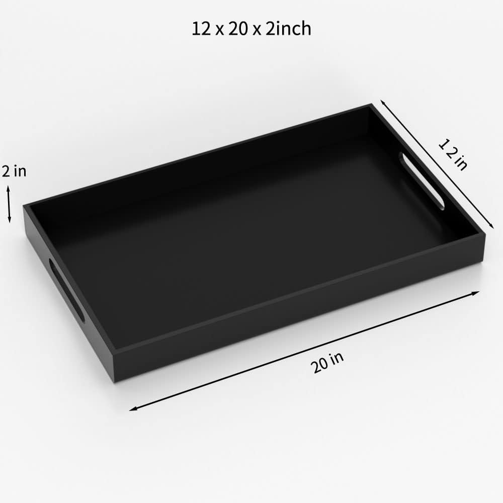 12" x 20" x 2" black acrylic rectangular tray with cutout handles, extra-large organizer