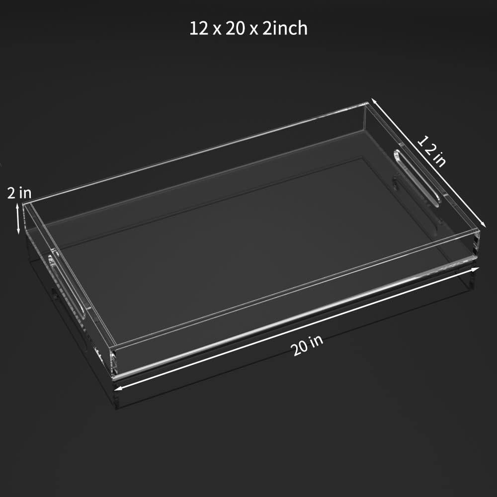 12" x 20" x 2" clear acrylic rectangular tray with cutout handles, large serving tray