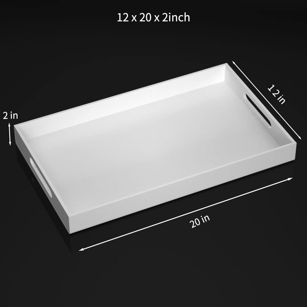12" x 20" x 2" white acrylic rectangular tray with cutout handles, large serving tray