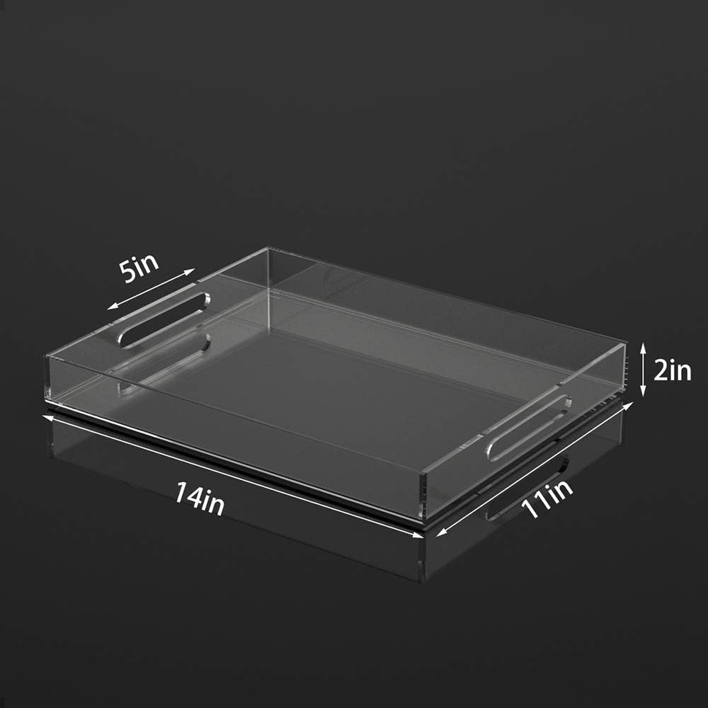 14" x 11" x 2" clear acrylic rectangular tray with 5" cutout handles, medium serving tray