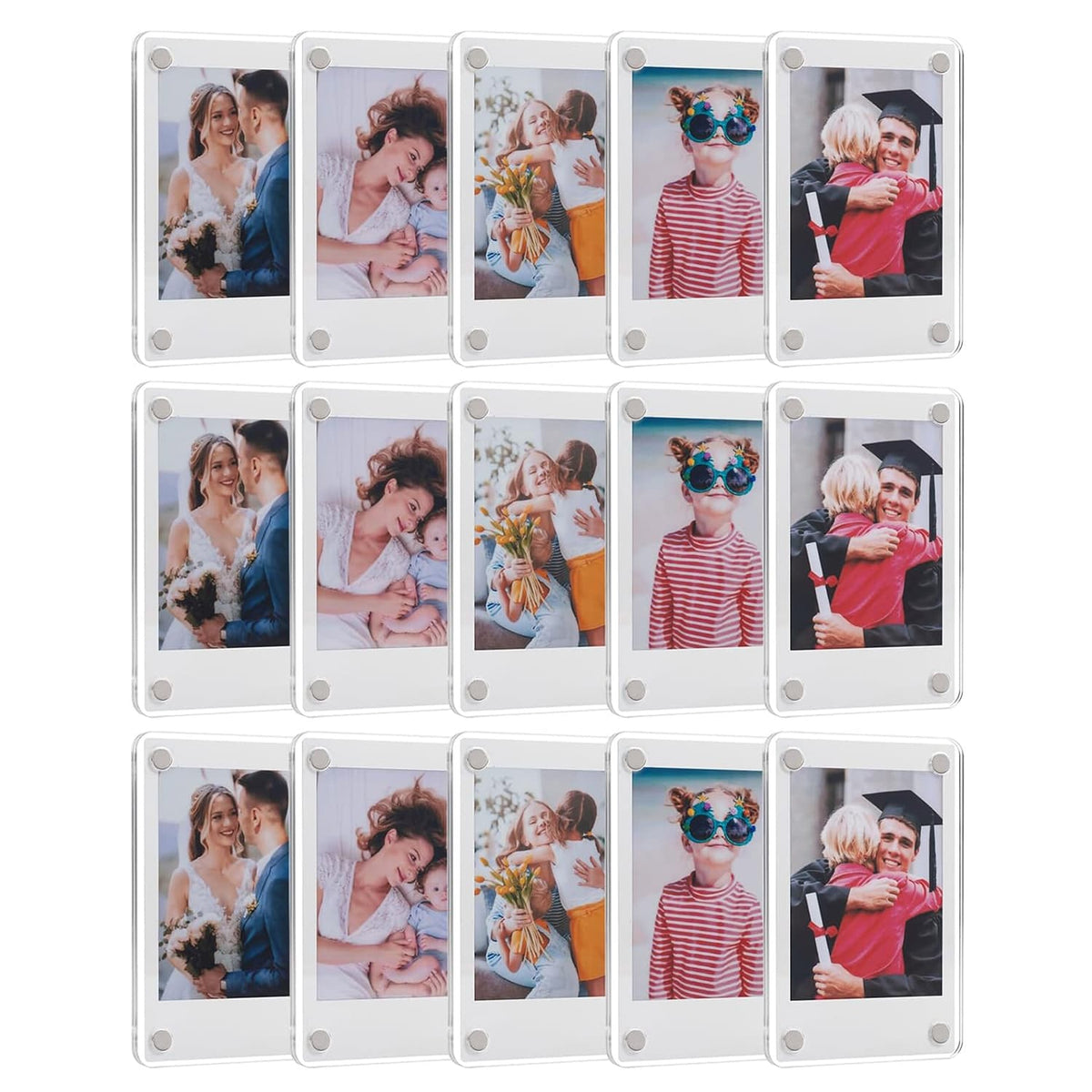 15-pack of clear acrylic magnetic frames holding instant photos, displayed in a grid layout, perfect for showcasing wedding, family, and graduation memories
