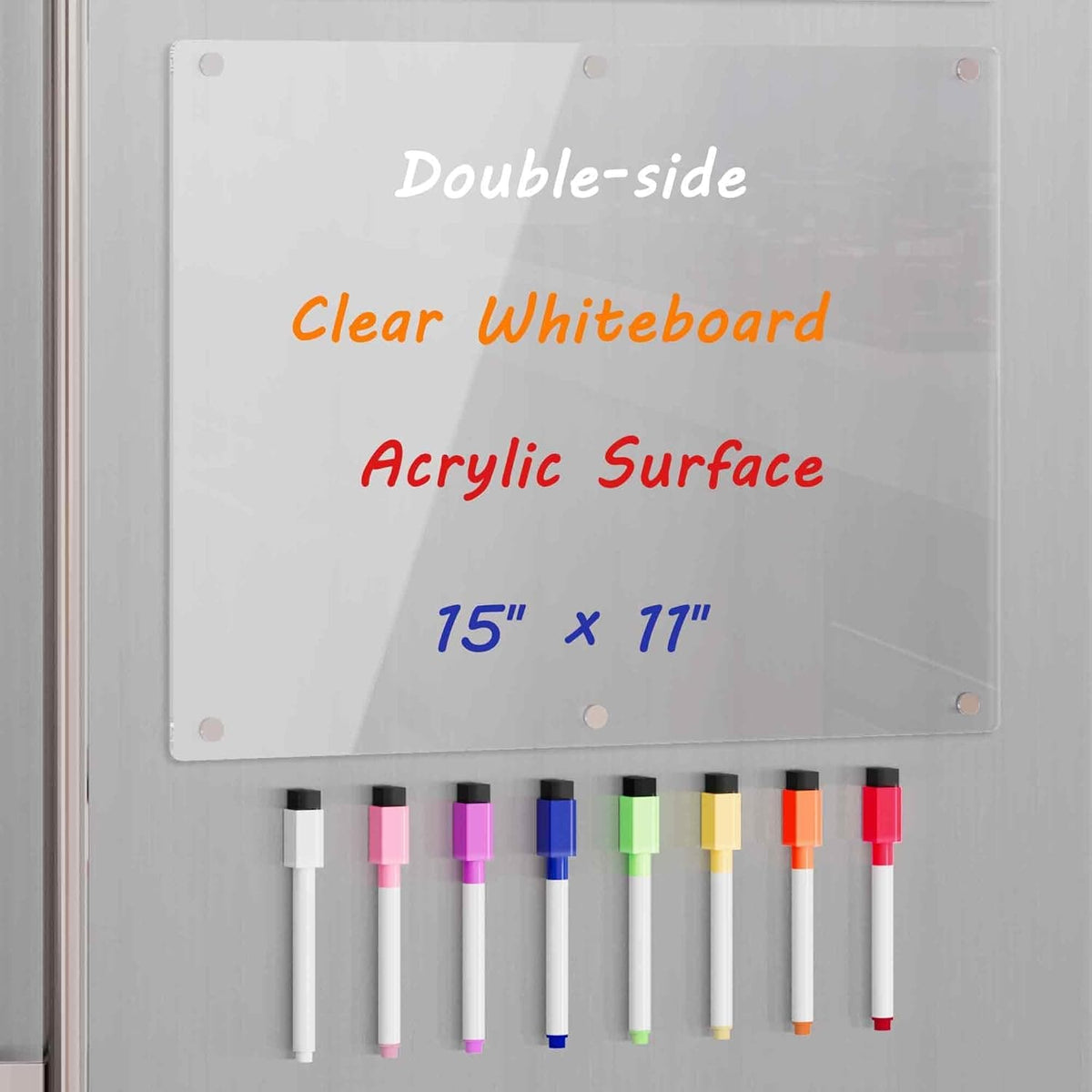 15" x 11" double-sided clear acrylic whiteboard with markers, demonstrating its reversible design
