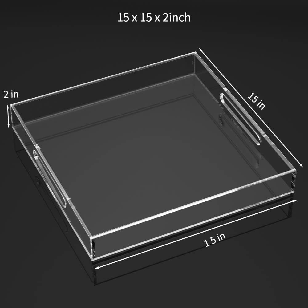 15" x 15" x 2" clear acrylic large square tray with cutout handles, decorative serving tray