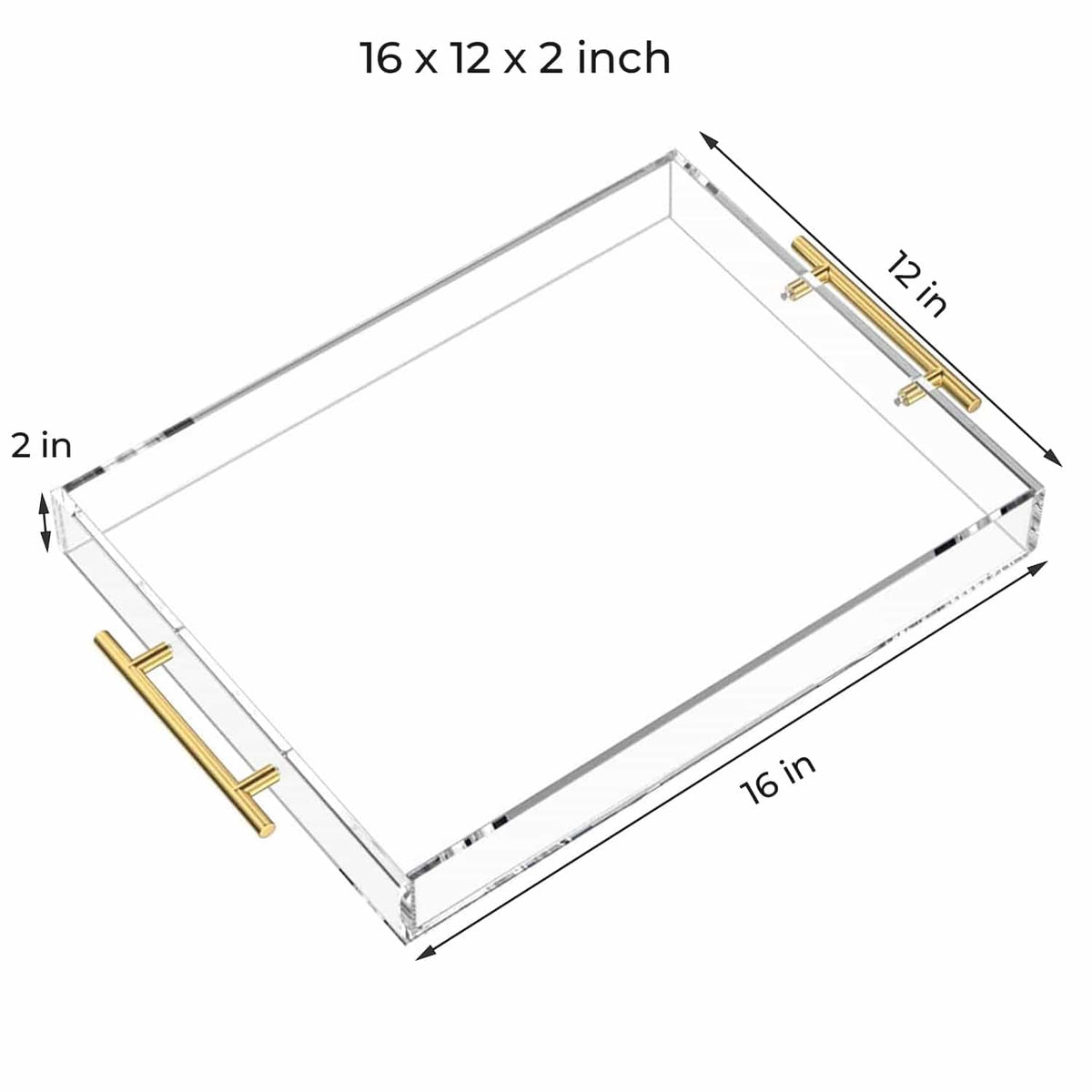 16" x 12" x 2" clear acrylic tray with gold handles, modern decorative organizer
