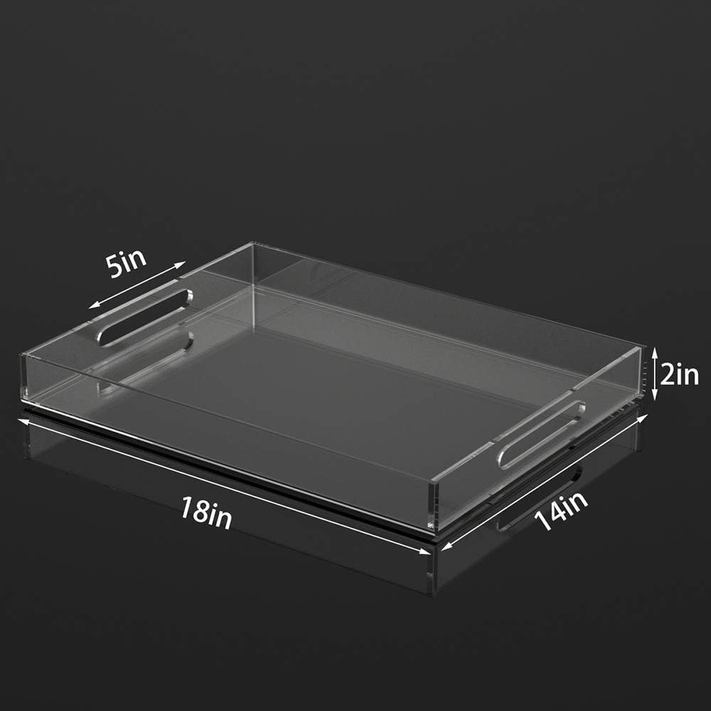 18" x 14" x 2" clear acrylic rectangular tray with 5" cutout handles, large organizer