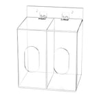 Angled view of empty 2-compartment clear acrylic dispenser with hinged lids