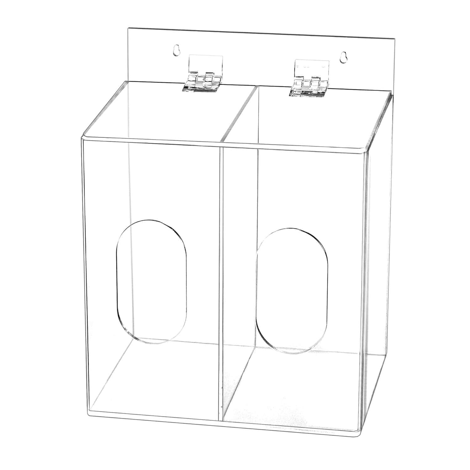 Angled view of empty 2-compartment clear acrylic dispenser with hinged lids