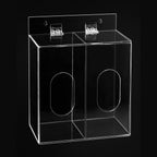 Empty 2-compartment clear acrylic dispenser with hinged lids on a black background