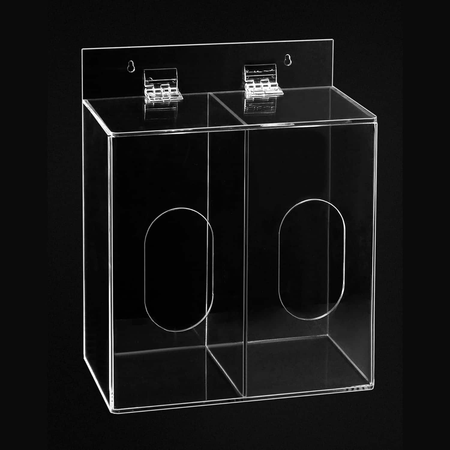 Empty 2-compartment clear acrylic dispenser with hinged lids on a black background