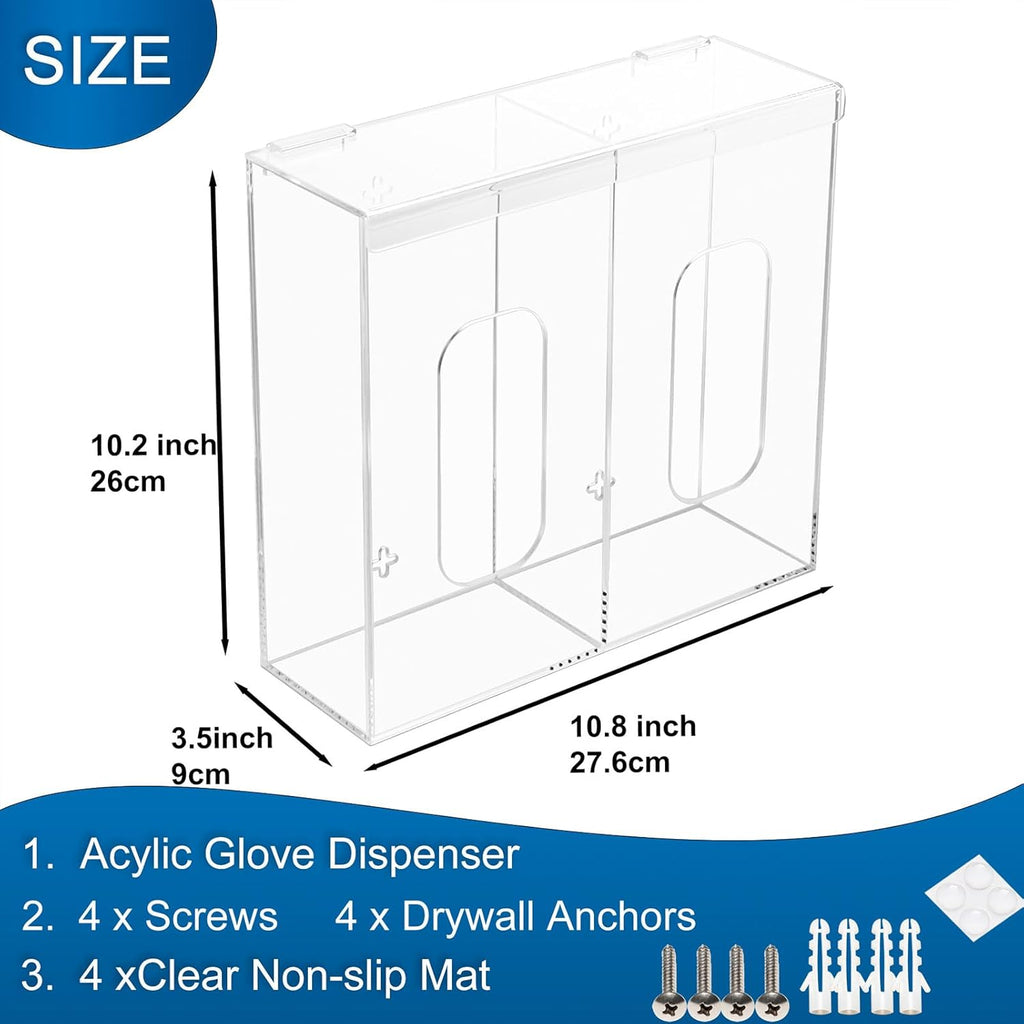 2-compartment acrylic glove dispenser with labeled dimensions (10.8" L × 3.5" W × 10.2" H) and included accessories
