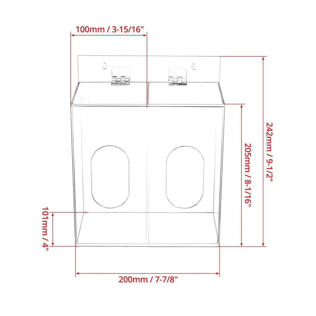 2-compartment acrylic dispenser with labeled dimensions (metric and imperial)