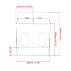 2-compartment acrylic dispenser with labeled dimensions (metric and imperial)
