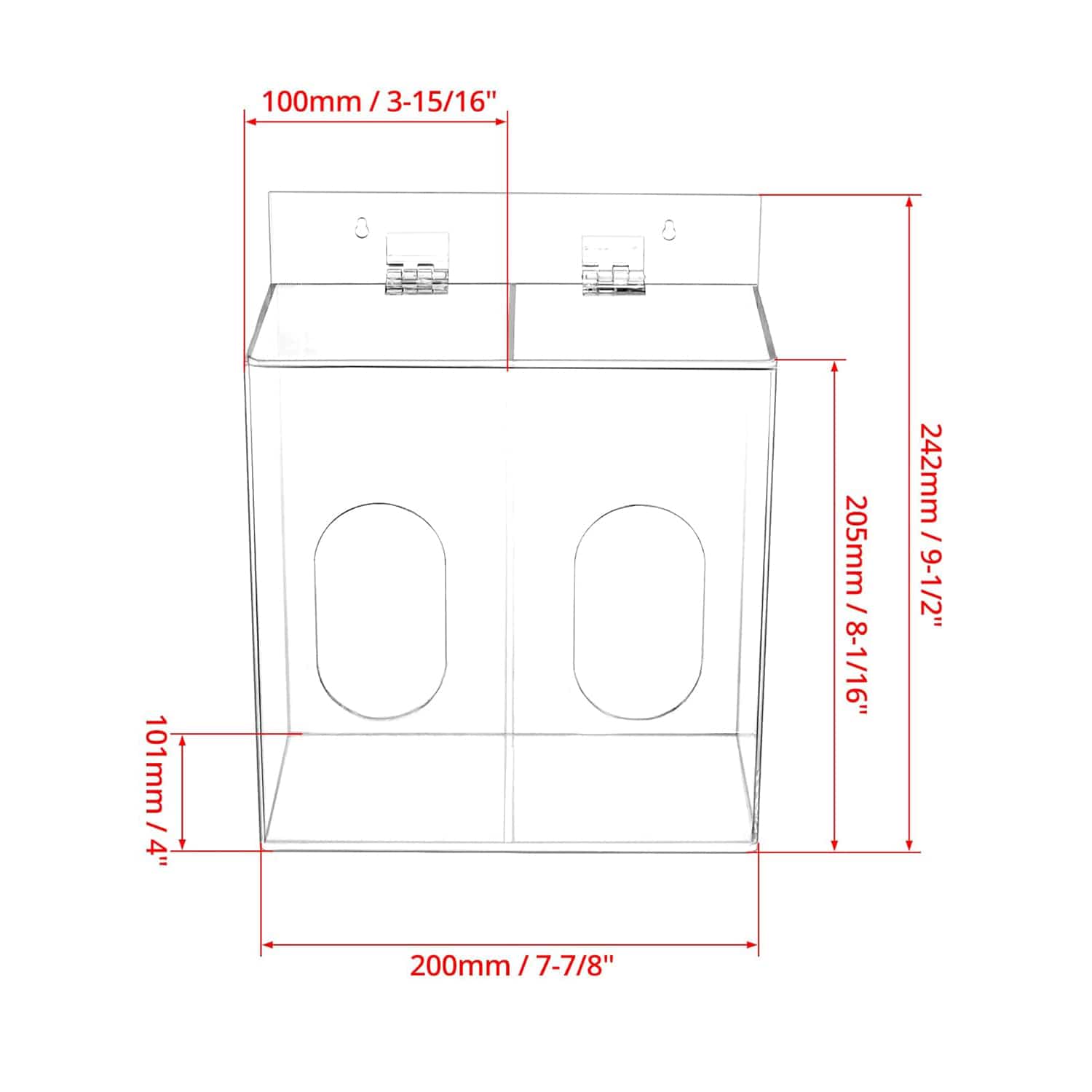 2-compartment acrylic dispenser with labeled dimensions (metric and imperial)