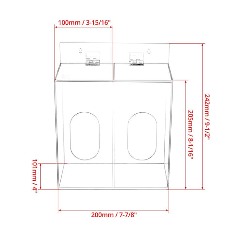 2-compartment acrylic dispenser with labeled dimensions (metric and imperial)