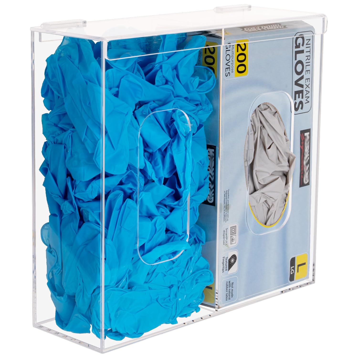 2-compartment acrylic dispenser holding loose blue gloves and a box of nitrile exam gloves
