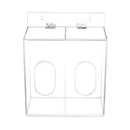 Empty 2-compartment clear acrylic dispenser with hinged lids on a white background