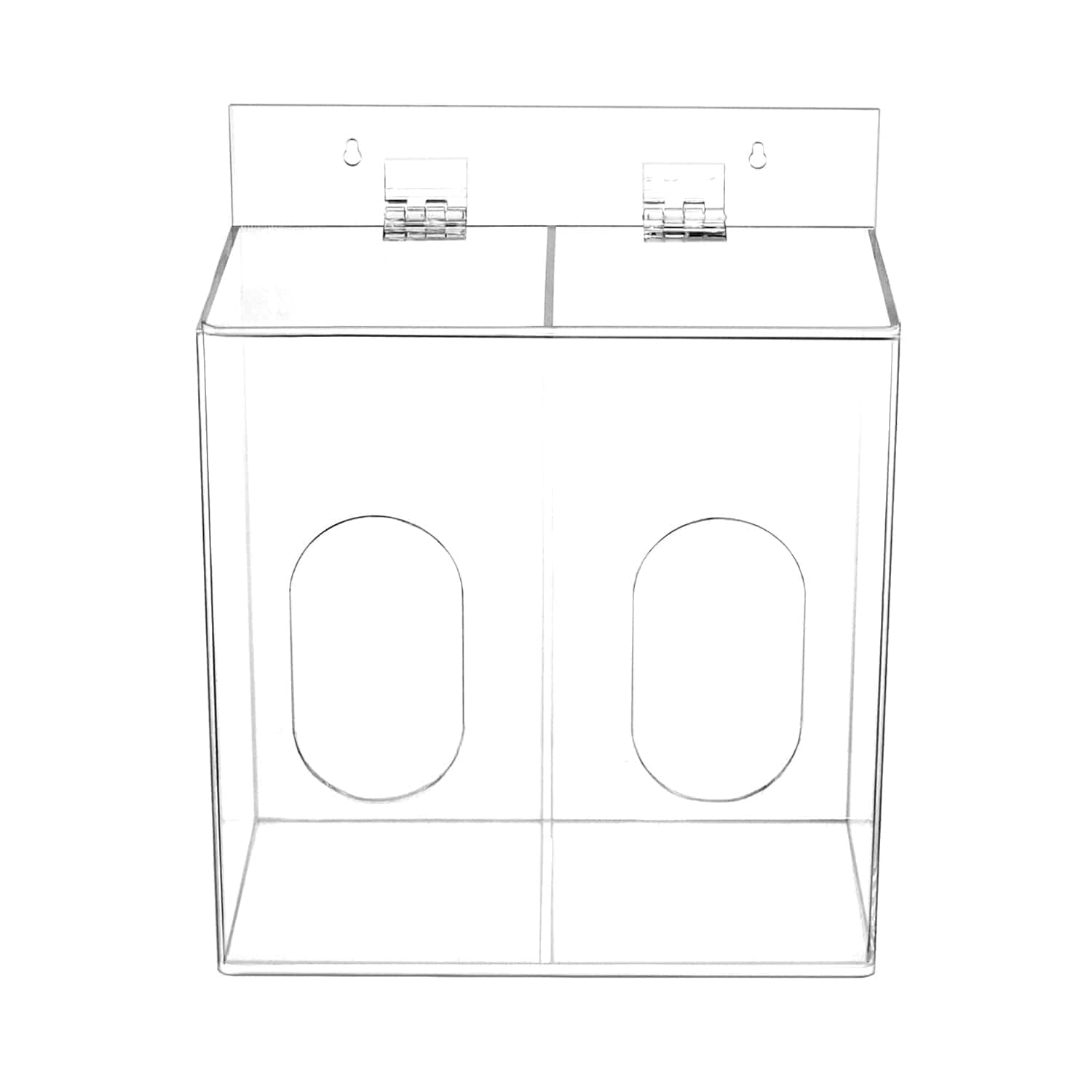 Empty 2-compartment clear acrylic dispenser with hinged lids on a white background