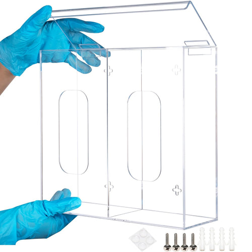 Hands in blue gloves holding a clear 2-compartment acrylic glove dispenser, with mounting hardware included