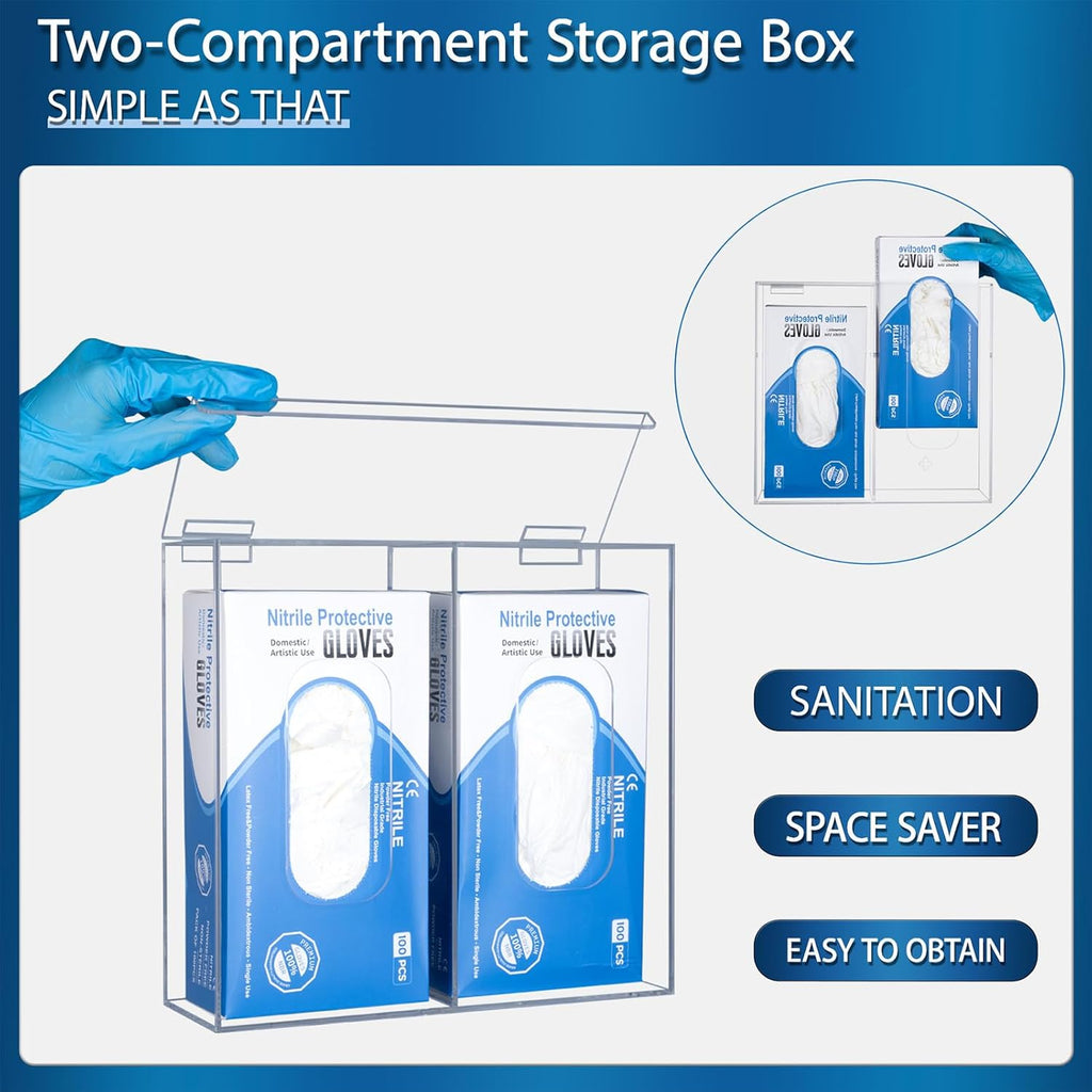 2-compartment acrylic dispenser with open lid, holding two boxes of nitrile gloves