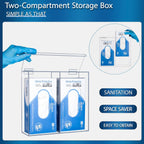 2-compartment acrylic dispenser with open lid, holding two boxes of nitrile gloves