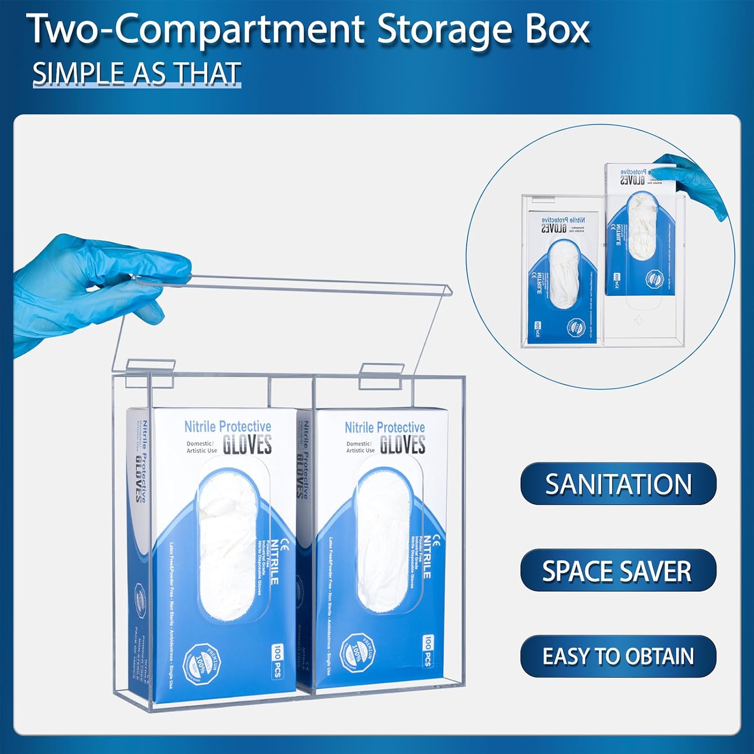 2-compartment acrylic dispenser with open lid, holding two boxes of nitrile gloves