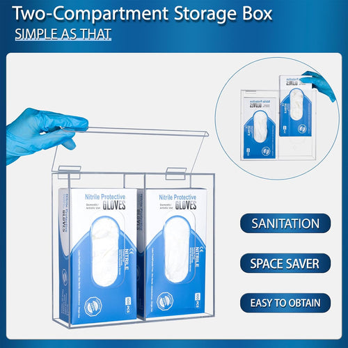 2-compartment acrylic dispenser with open lid, holding two boxes of nitrile gloves