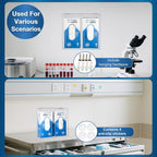 2-compartment acrylic glove dispenser shown wall-mounted in a laboratory and on a hospital countertop, with included hanging hardware and anti-slip stickers