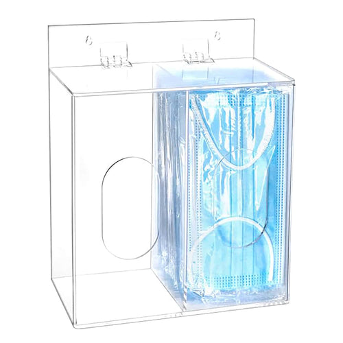 2-compartment clear acrylic dispenser holding face masks and PPE supplies