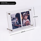 2-photo clear acrylic frame displayed in landscape orientation, showing a portrait and a lifestyle photo, with dimensions 6.9×4.9in, compatible with both portrait and landscape placement