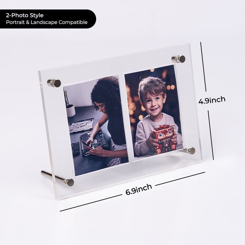 2-photo clear acrylic frame displayed in landscape orientation, showing a portrait and a lifestyle photo, with dimensions 6.9×4.9in, compatible with both portrait and landscape placement
