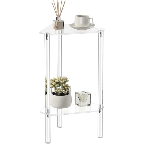 2-tier clear acrylic corner side table styled with a coffee cup, reed diffuser, and potted succulent