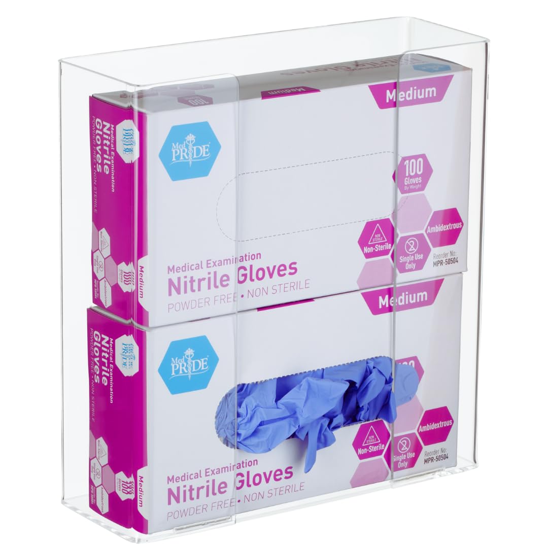 2-tier clear acrylic glove dispenser holding two boxes of nitrile exam gloves, with one compartment showing a blue glove