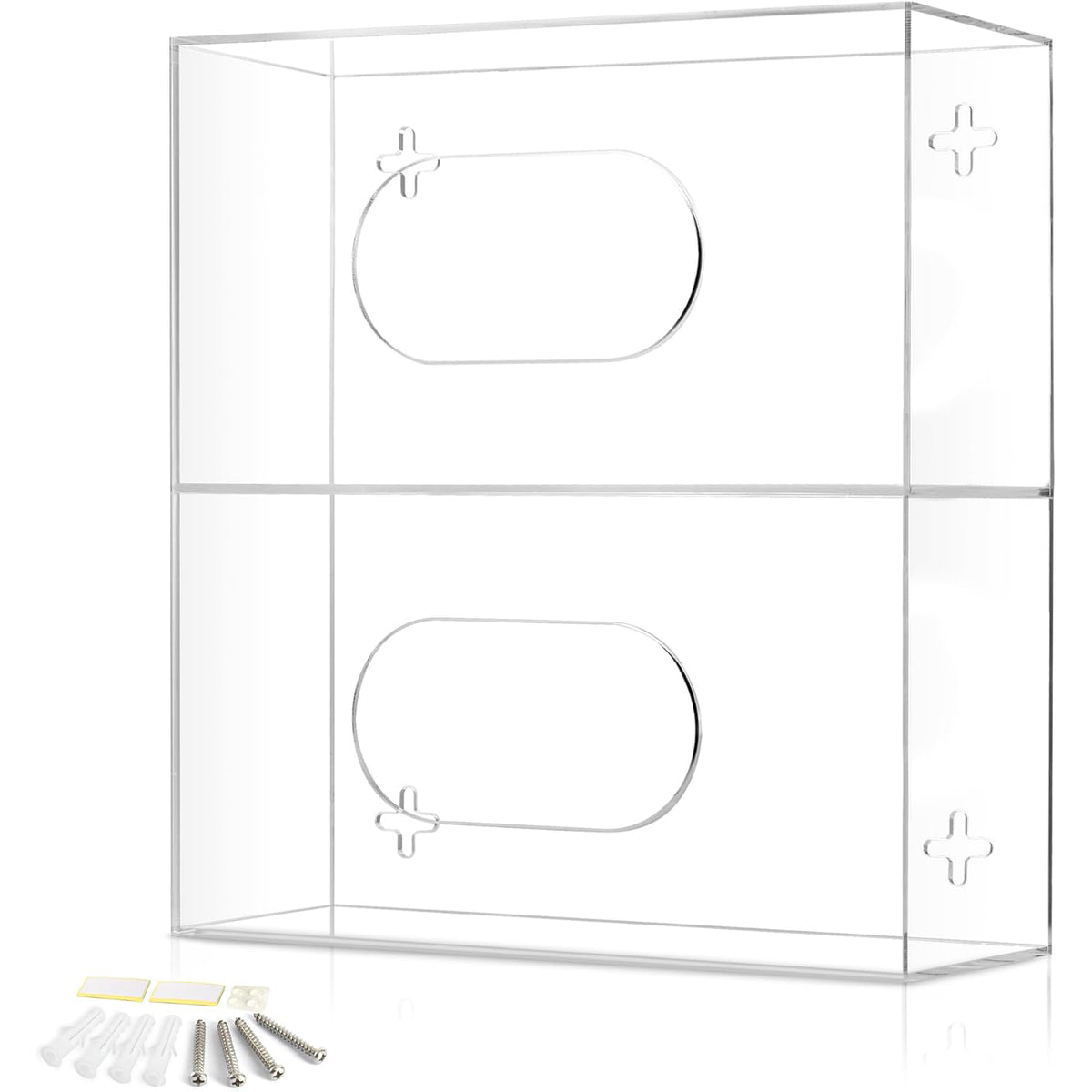 Empty 2-tier clear acrylic glove dispenser with included installation accessories, showing stackable design