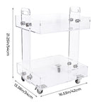 2-tier clear acrylic rolling cart with labeled dimensions: 21.25"×16.53"×13.38"