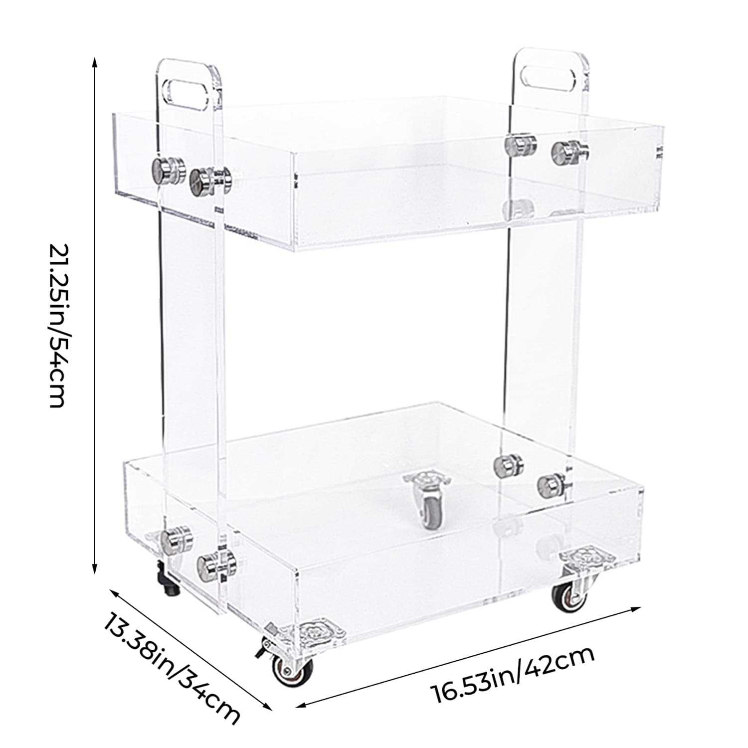 2-tier clear acrylic rolling cart with labeled dimensions: 21.25"×16.53"×13.38"
